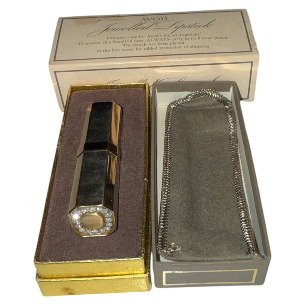 Vintage Avon Jeweled Lipstick Case Gold Tone Original Box Felt Pouch‎ Encore Lip